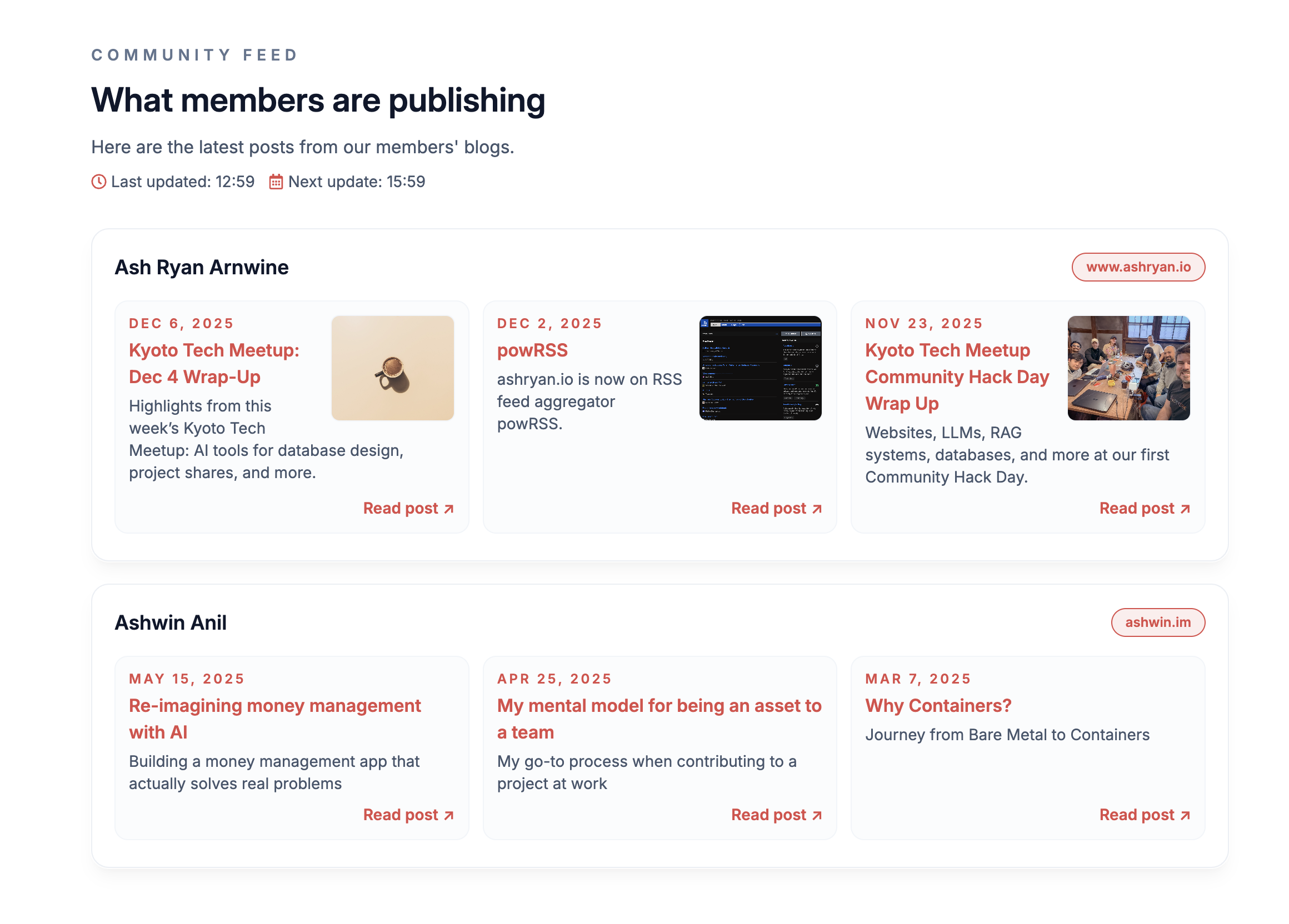 Member content feeds on the Kyoto Tech Meetup website